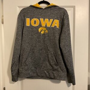 Iowa Hawkeye sweatshirt sz small. Black, white gray with yellow hood and Hawkeye